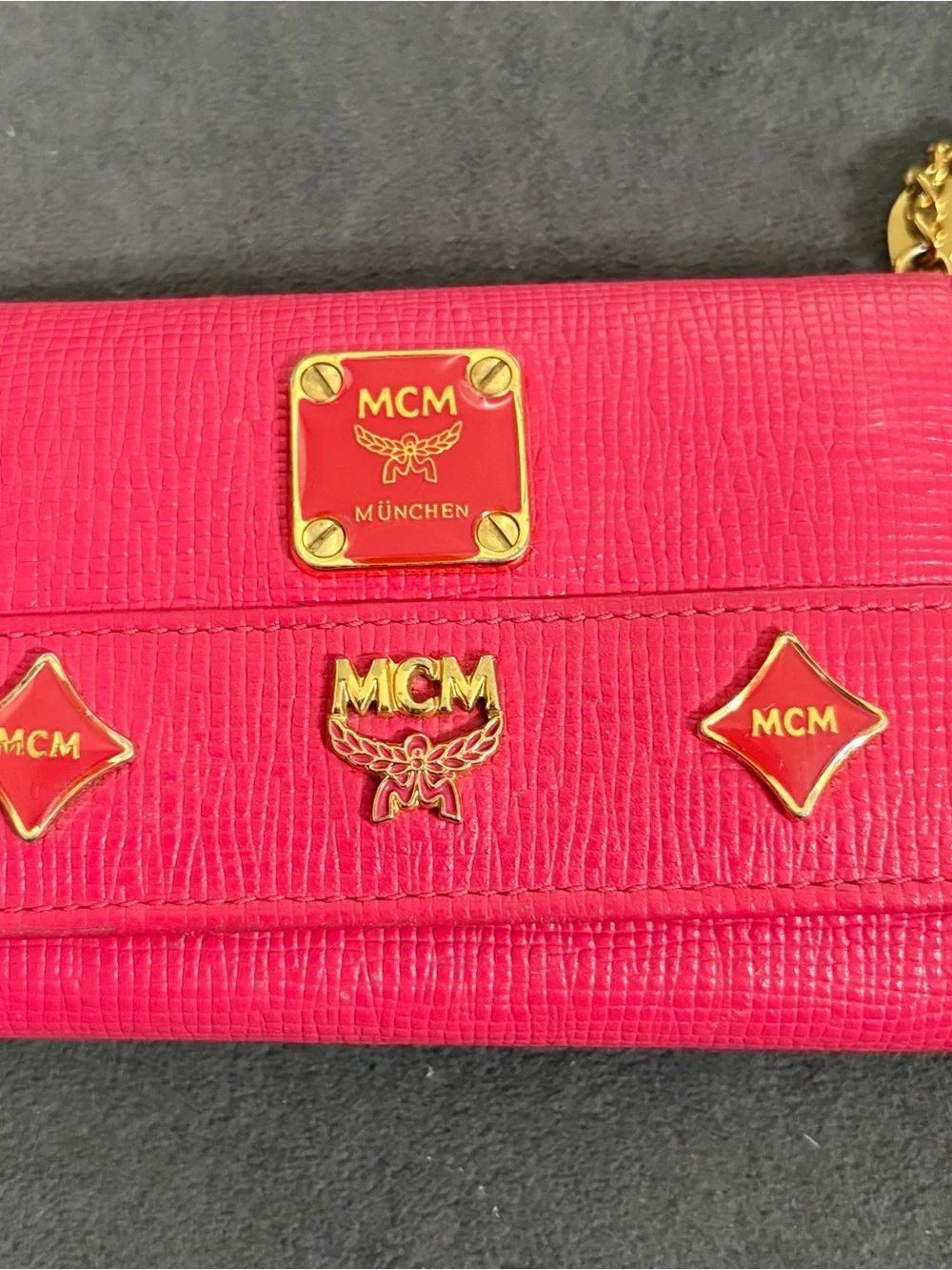 MCM Hot Pink Leather Logo Wallet with Gold Charm Keyring
